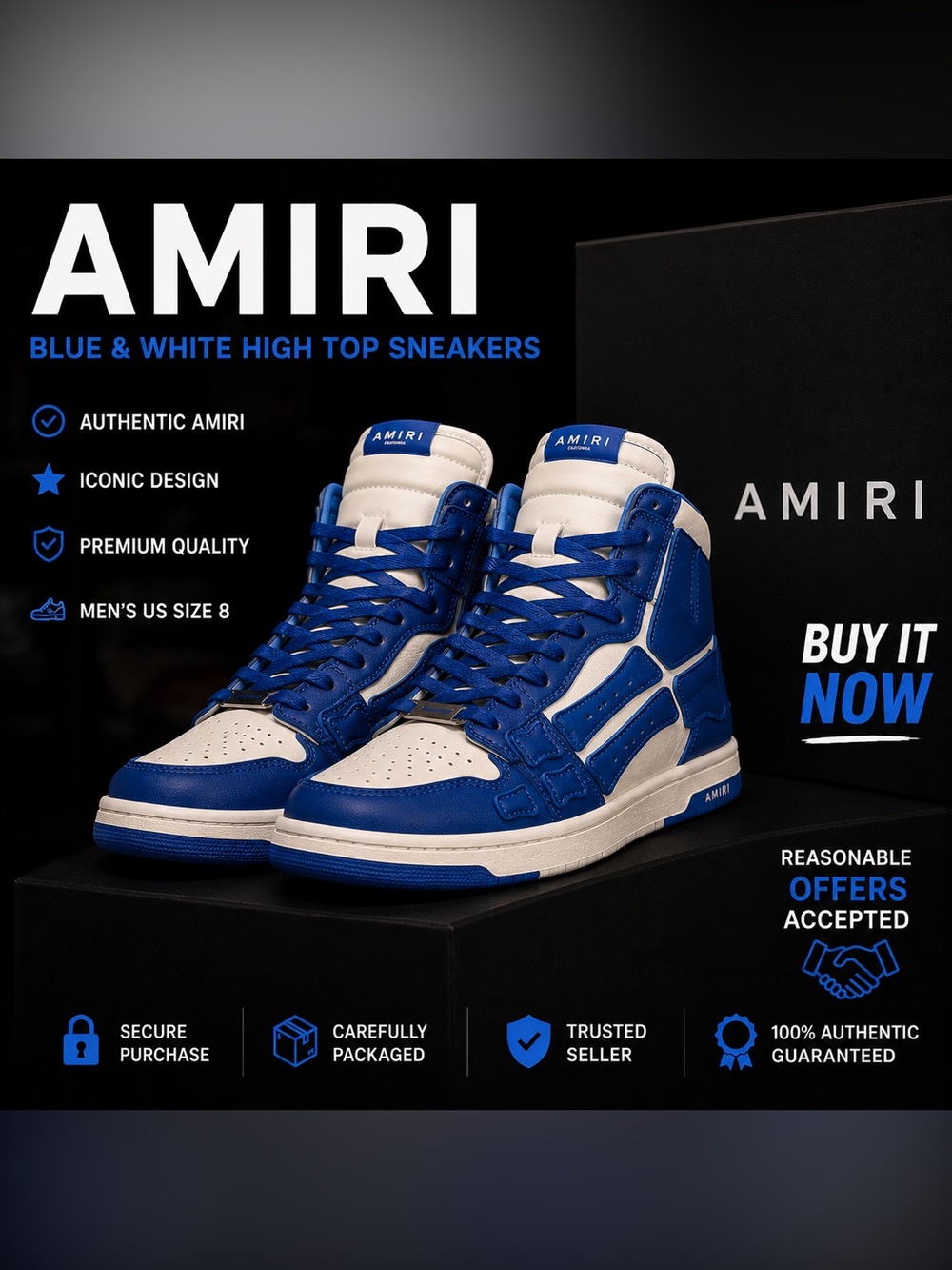 AMIRI MA-1 Blue White High Top Sneakers Men’s Size 8 Luxury Designer